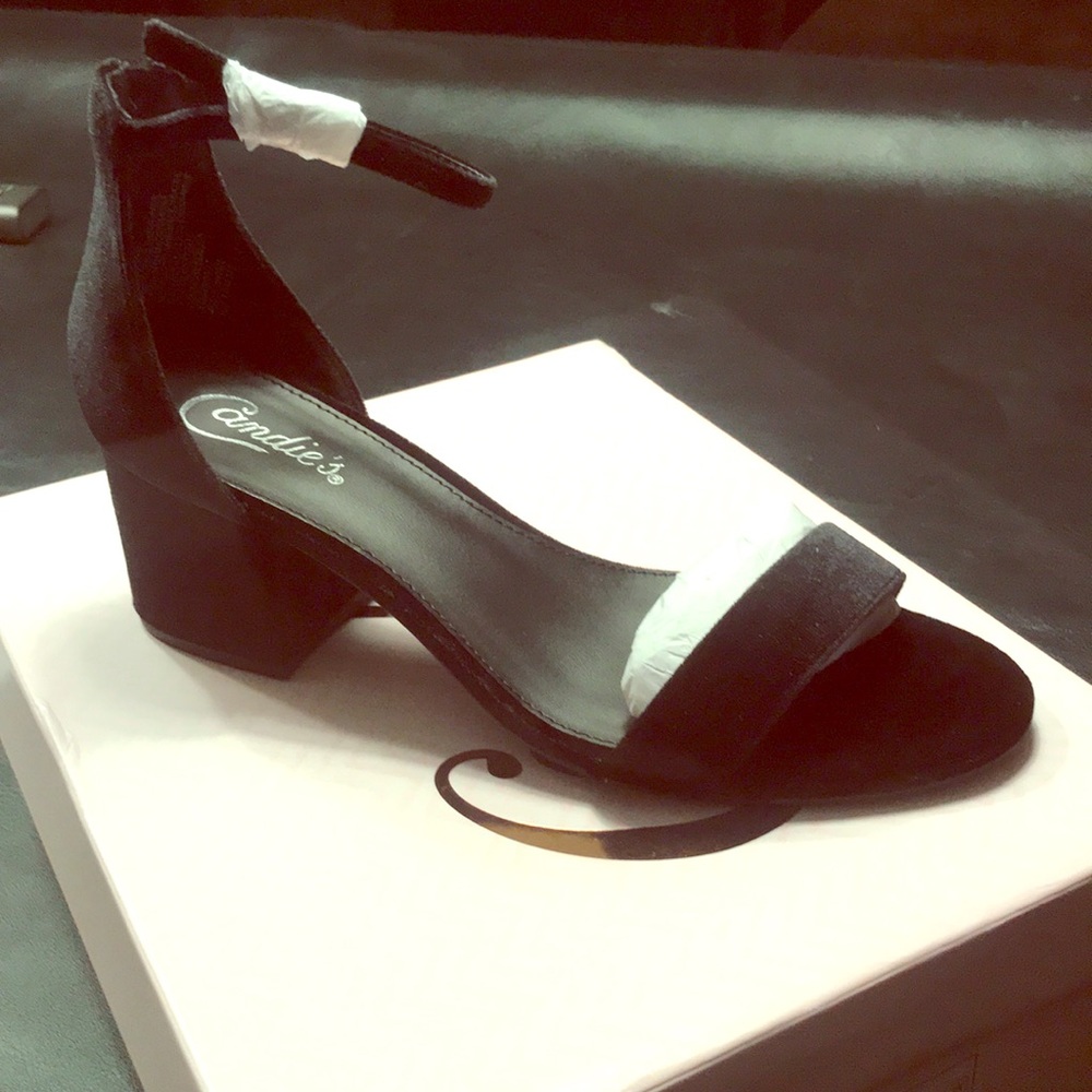 Black velvet block heels